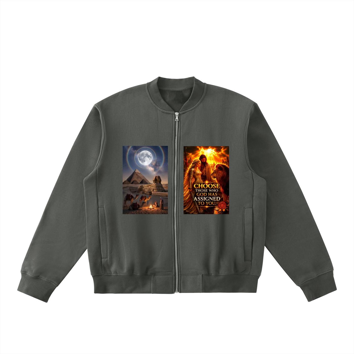 A dark gray zip-up bomber jacket with two graphic prints on the chest, displayed against a solid white background.