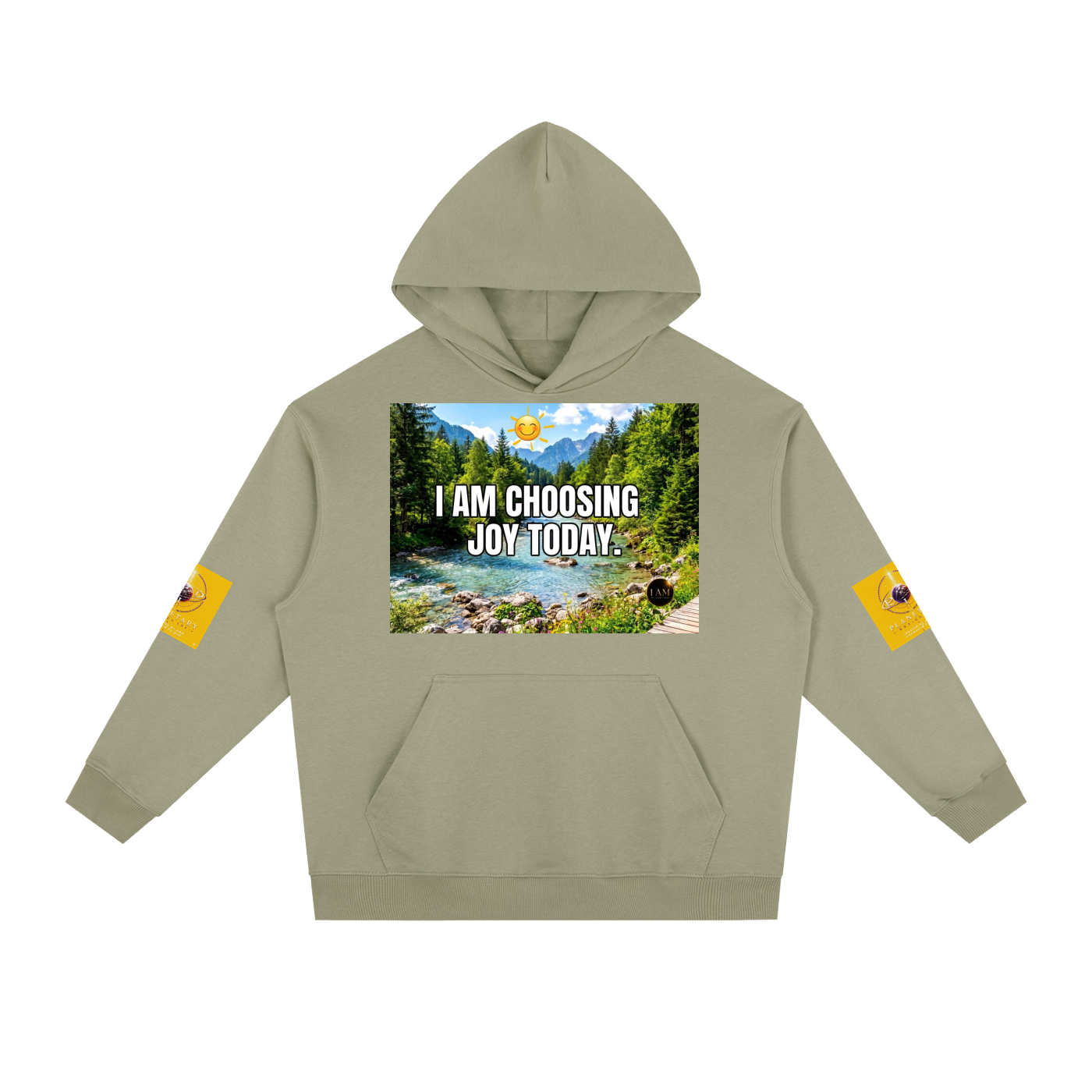 An olive green pullover hoodie with a front graphic showing a mountain river scene and the text 'I AM CHOOSING JOY TODAY.' White text is overlaid on the image.