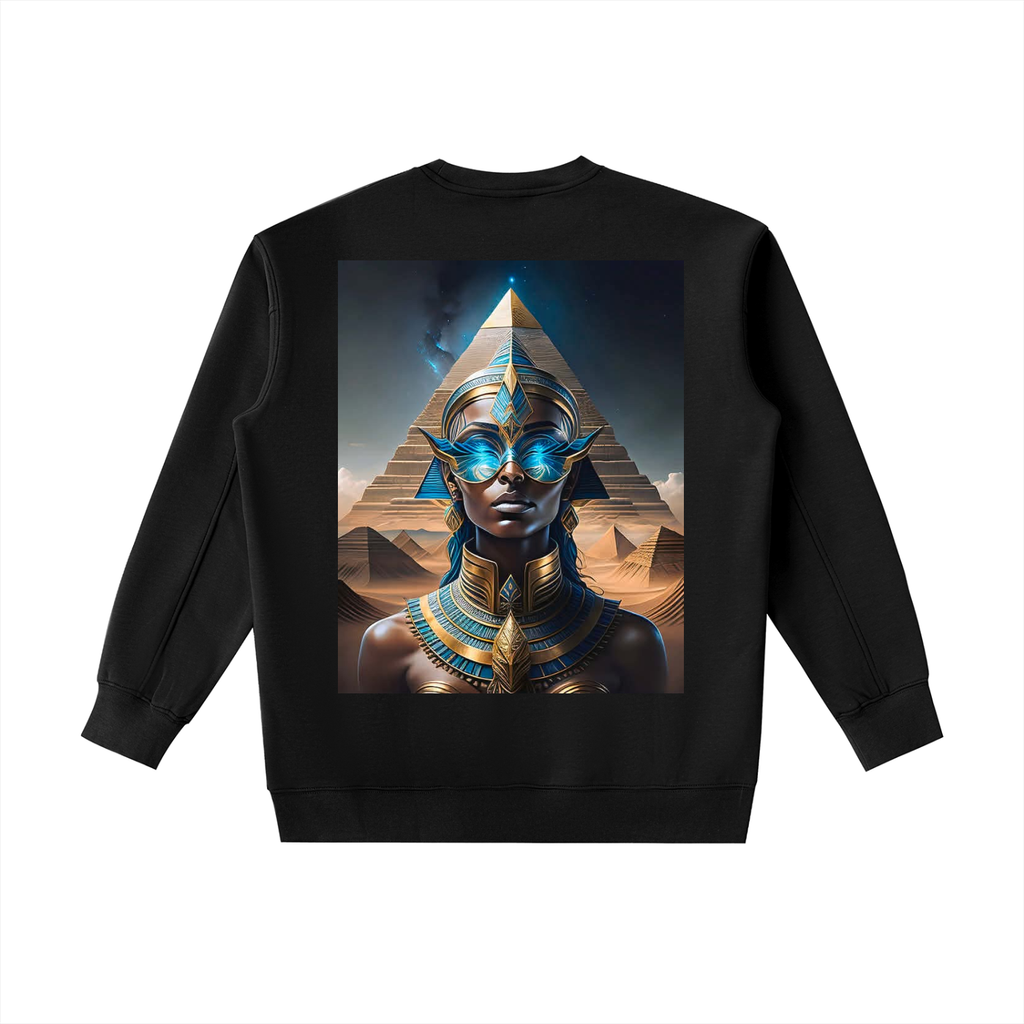 Black sweatshirt with a pyramid and Egyptian-themed design on a white background