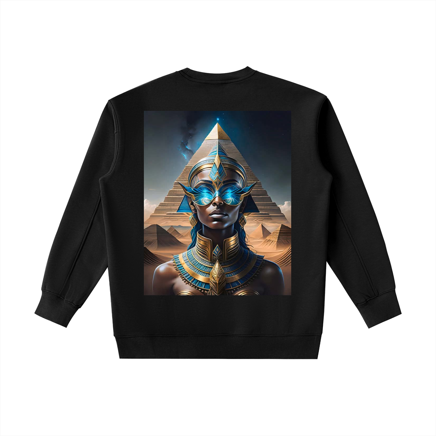 Black sweatshirt with a pyramid and Egyptian-themed design on a white background