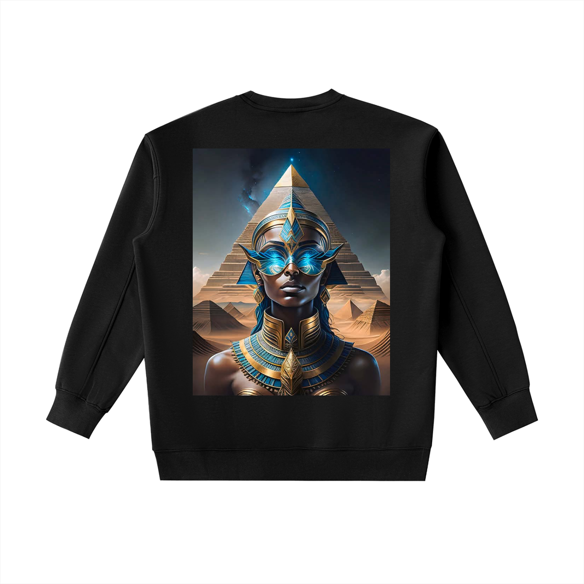 Black sweatshirt with a pyramid and Egyptian-themed design on a white background