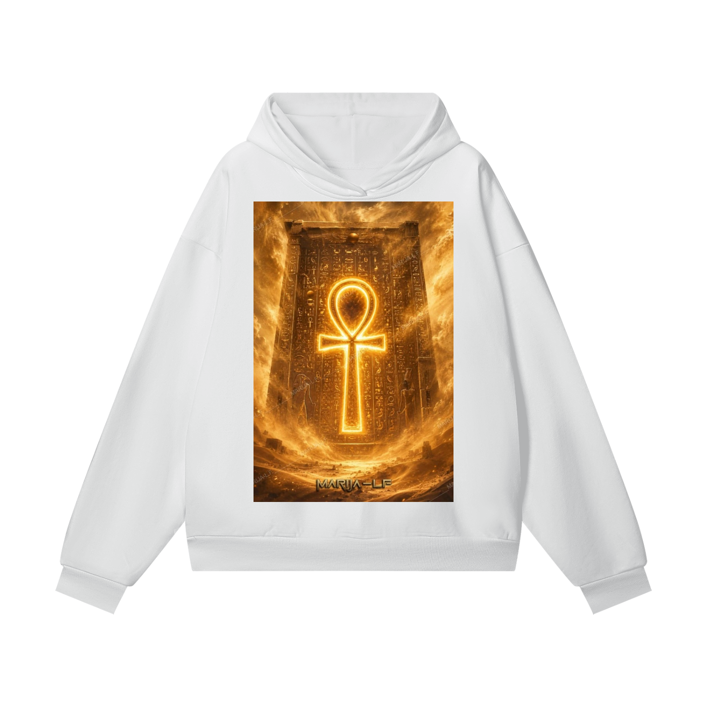 A white pullover hoodie featuring a large rectangular graphic print on the front. The graphic depicts a glowing golden Ankh symbol centered over an ancient Egyptian tomb with fiery orange and yellow smoke effects.