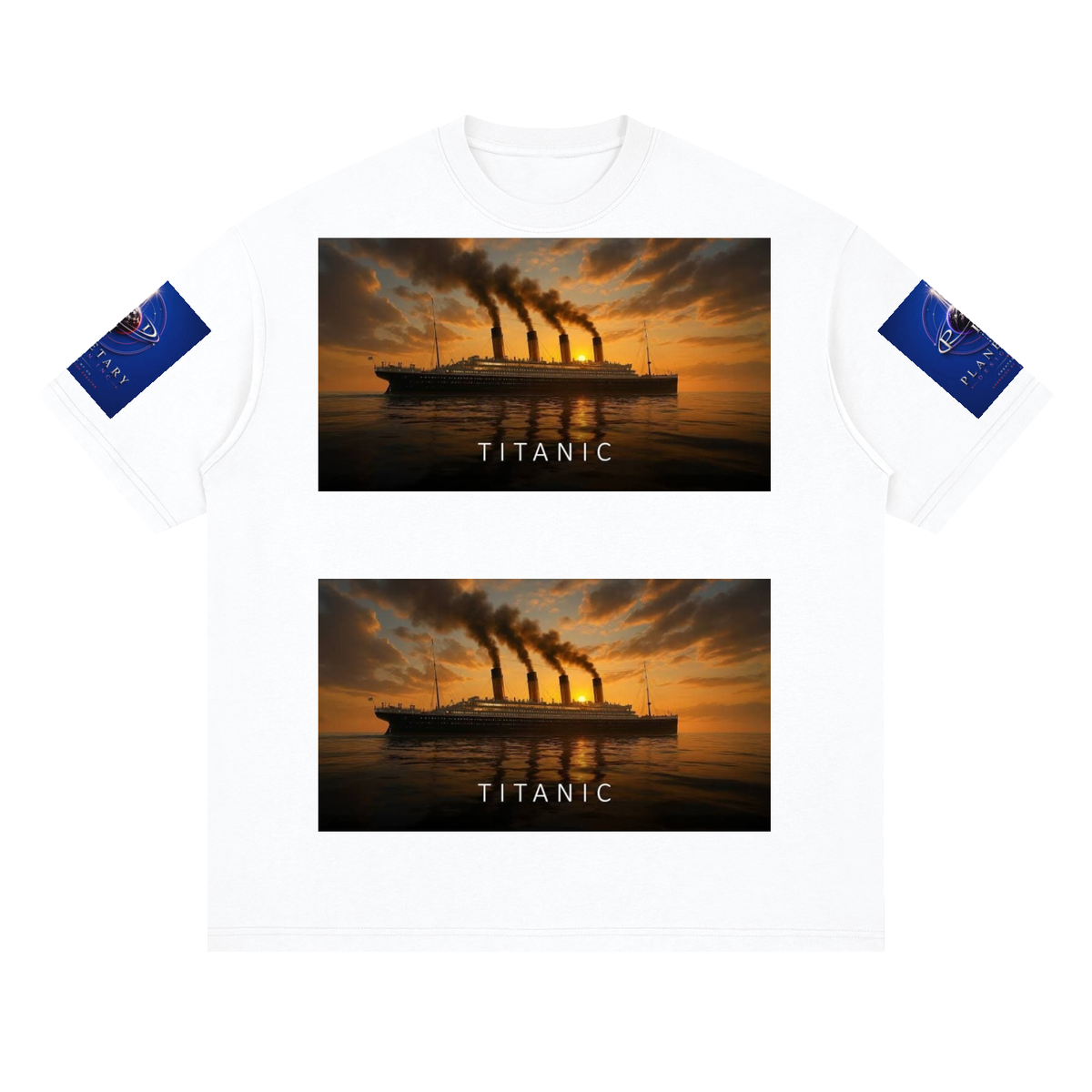 White t-shirt with Titanic graphic and sunset design on a white background