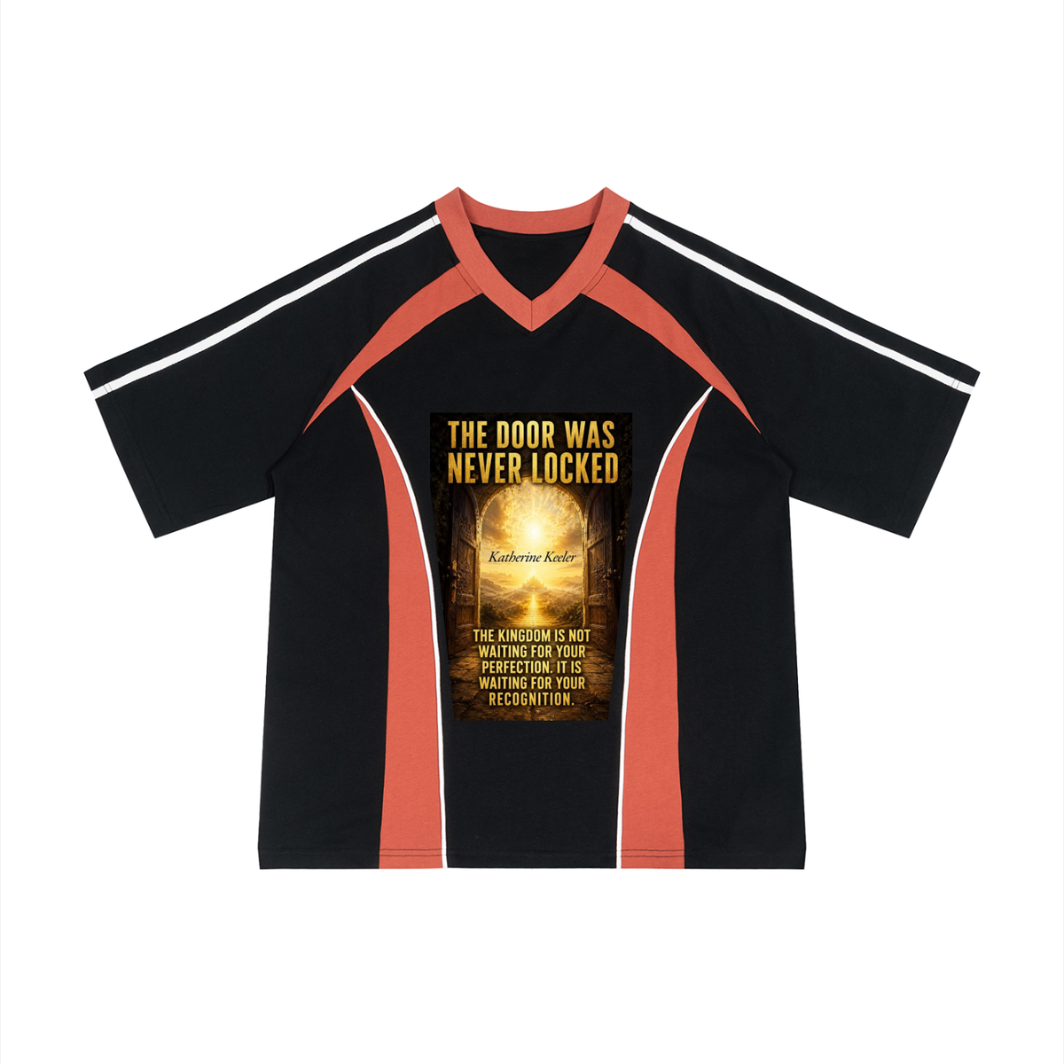 A black short-sleeve V-neck athletic-style shirt with coral orange shoulder and side panels, white stripes on the sleeves, and a large golden-yellow graphic print on the chest reading 'THE DOOR WAS NEVER LOCKED' with additional text below.