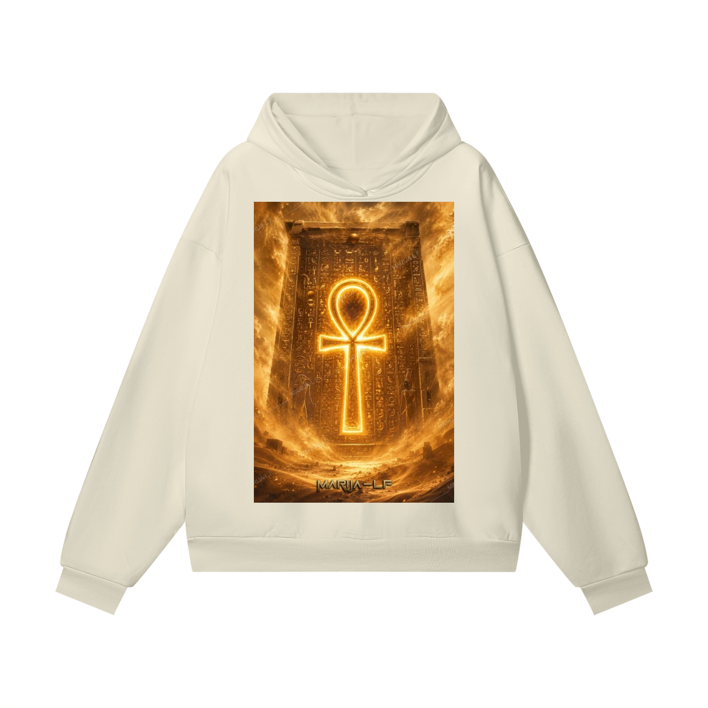 An off-white hooded sweatshirt with a large rectangular graphic print on the front, featuring a glowing golden Ankh symbol over an Egyptian-style fiery scene with hieroglyphics and the word 'MAURUS'.