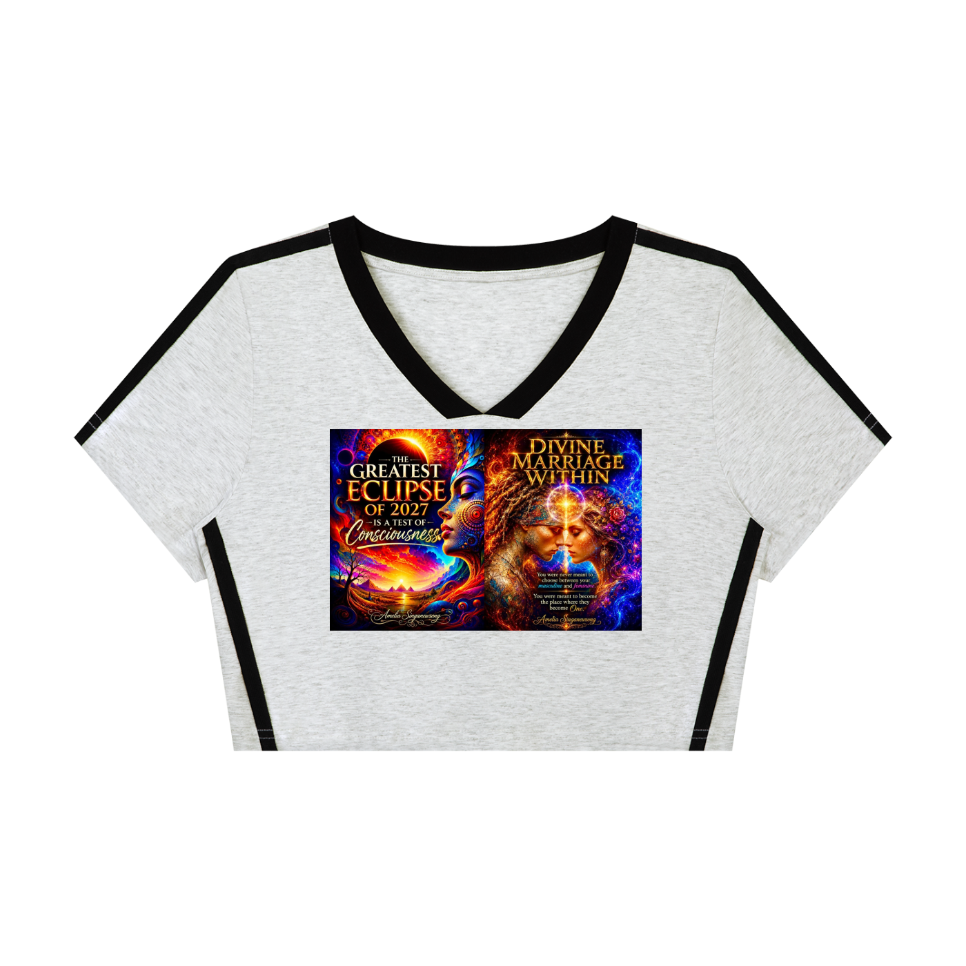 A light heather gray ringer t-shirt with black trim on the collar, sleeve cuffs, and side panels, featuring a colorful graphic print on the front depicting an eclipse and a woman's face.