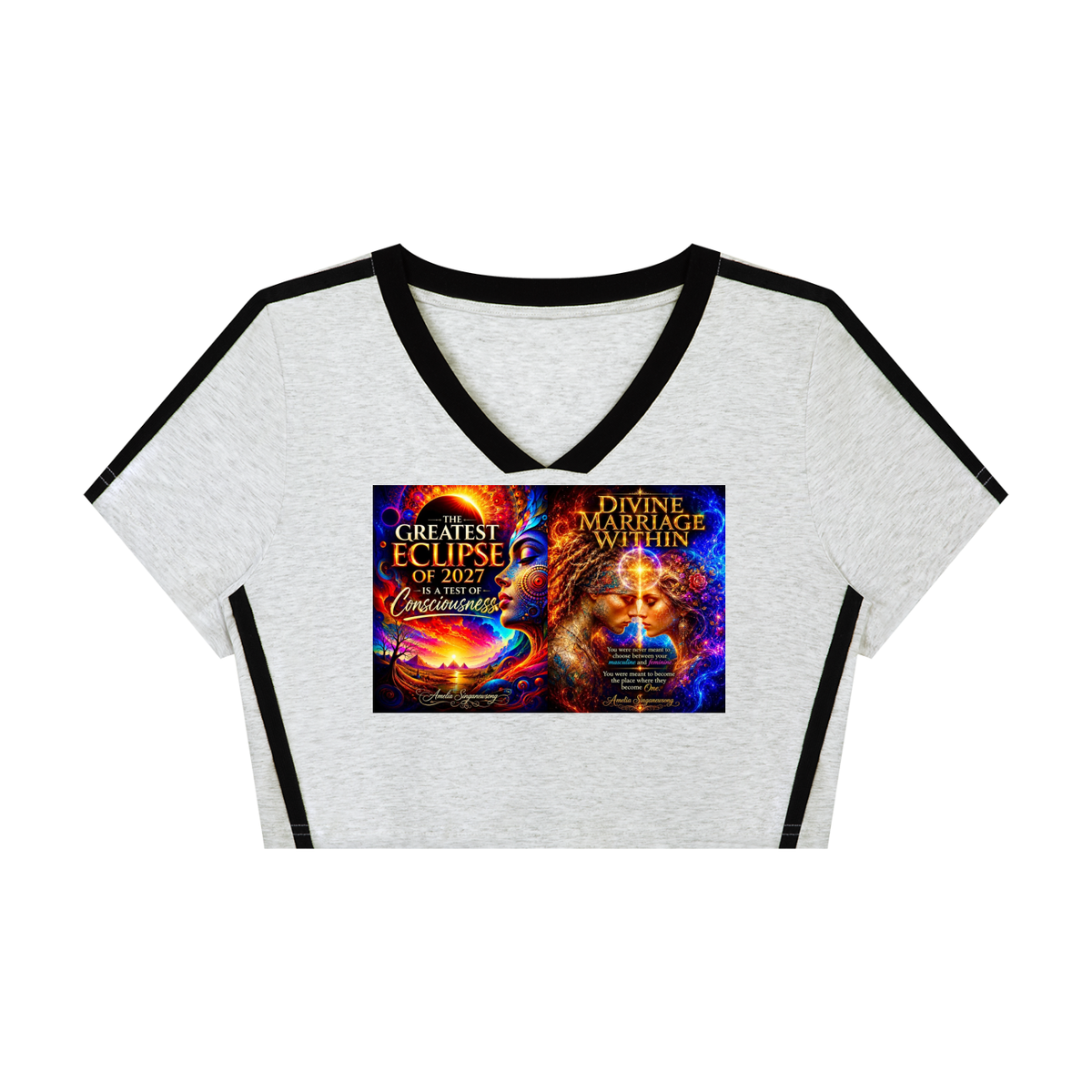 A light heather gray ringer t-shirt with black trim on the collar, sleeve cuffs, and side panels, featuring a colorful graphic print on the front depicting an eclipse and a woman's face.
