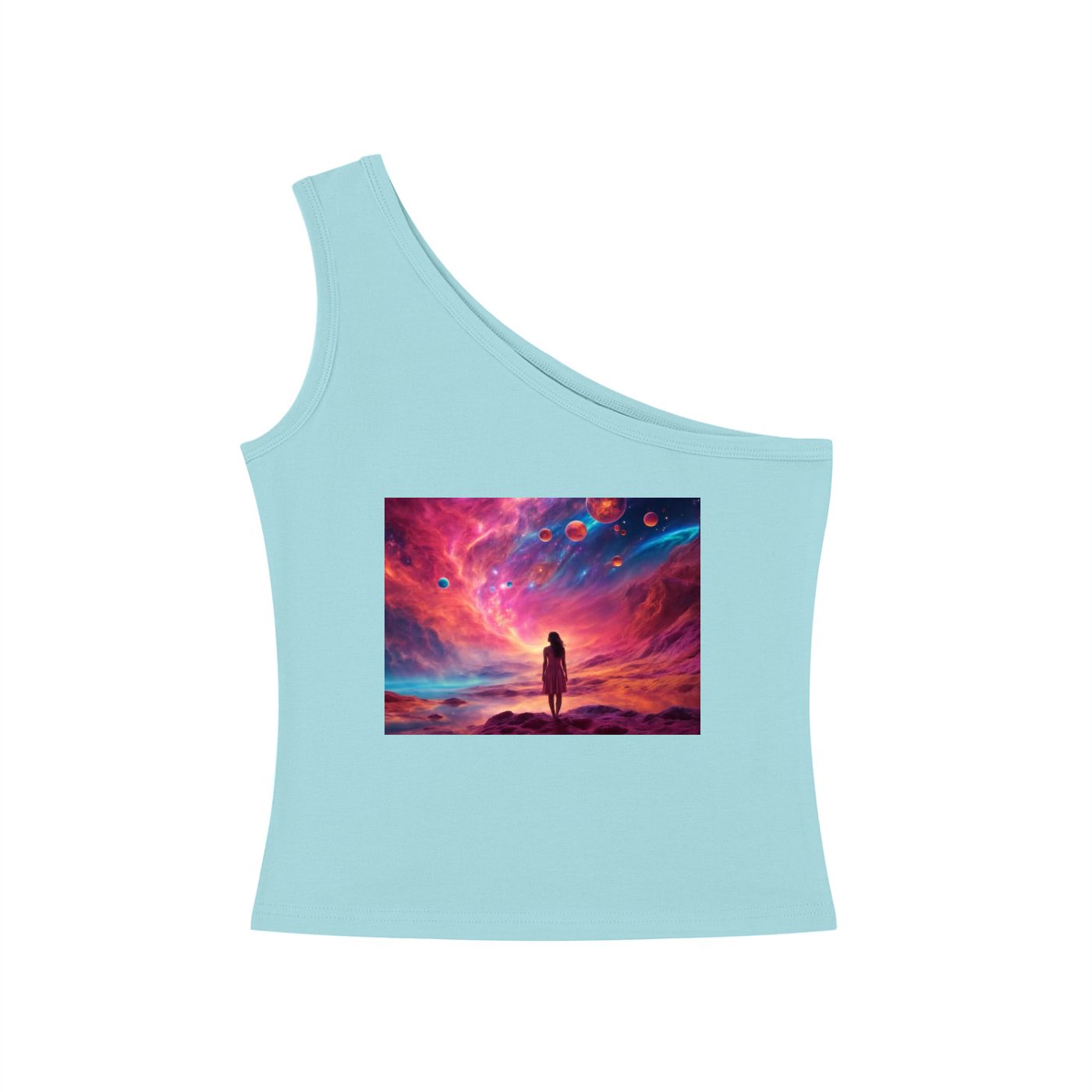 Light blue tank top with a colorful space-themed graphic on a white background