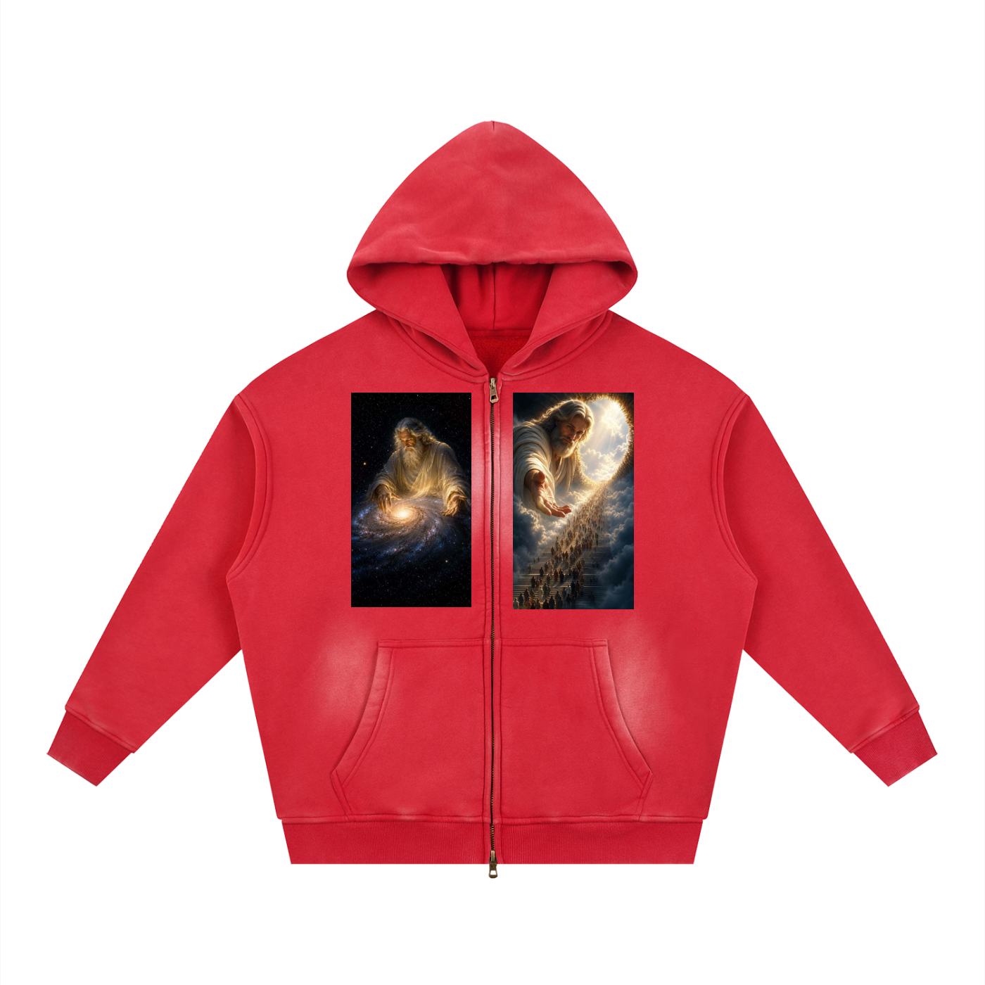A red zip-up hoodie with a hood and front pockets, featuring two square graphic prints on the chest depicting a glowing cosmic figure against dark space backgrounds.