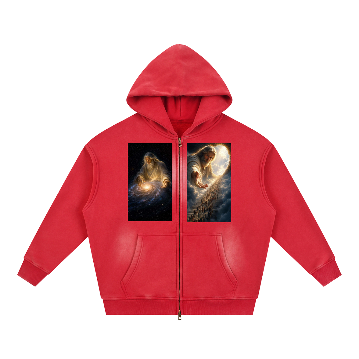 A red zip-up hoodie with a hood and front pockets, featuring two square graphic prints on the chest depicting a glowing cosmic figure against dark space backgrounds.