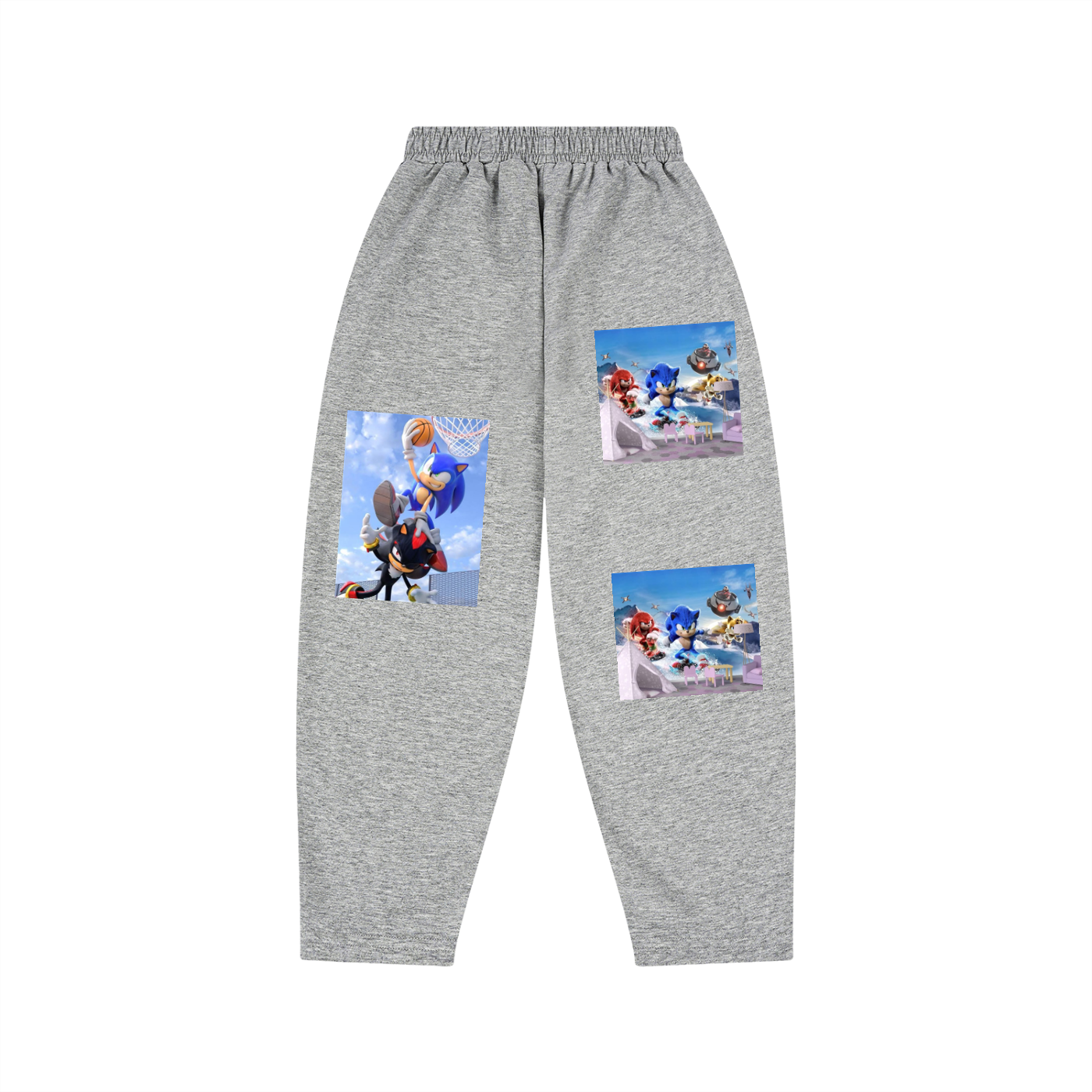 Gray sweatpants with cartoon character prints on a white background