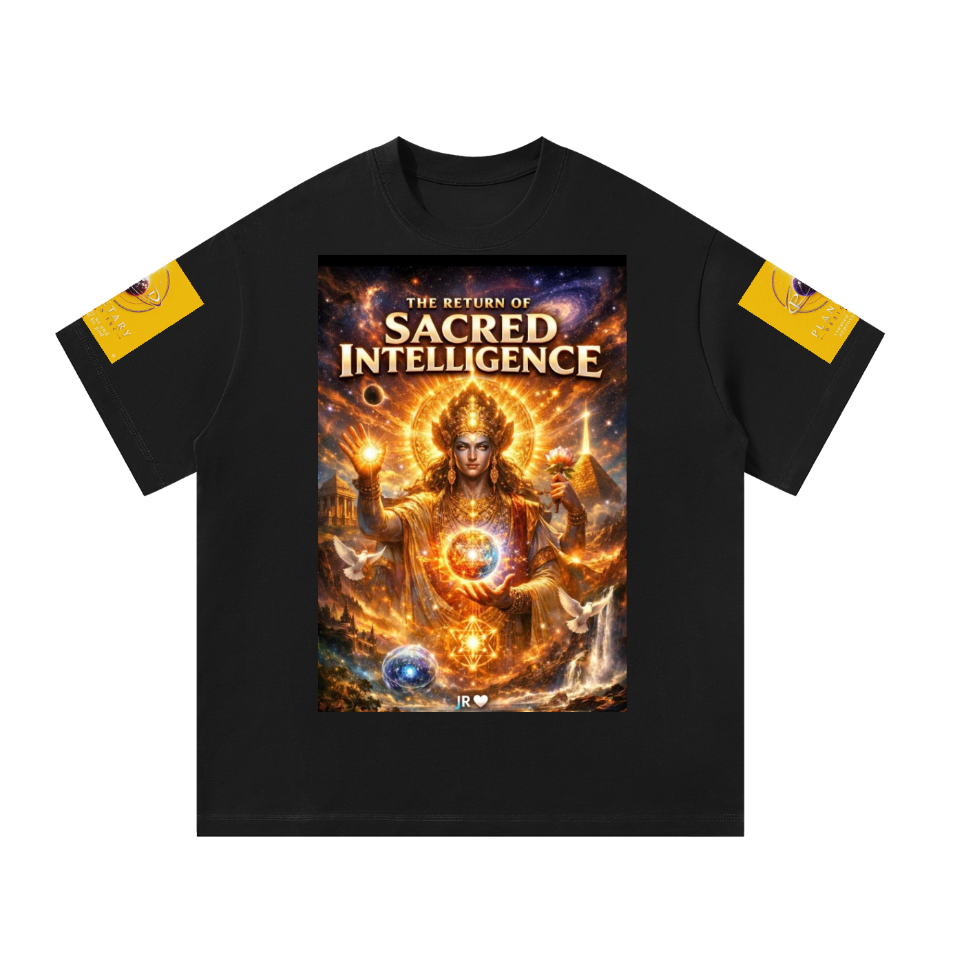 A black short-sleeve t-shirt with a large, detailed fantasy graphic on the front reading 'The Return of Sacred Intelligence'. The graphic depicts a glowing, multi-armed deity surrounded by golden light and cosmic elements.