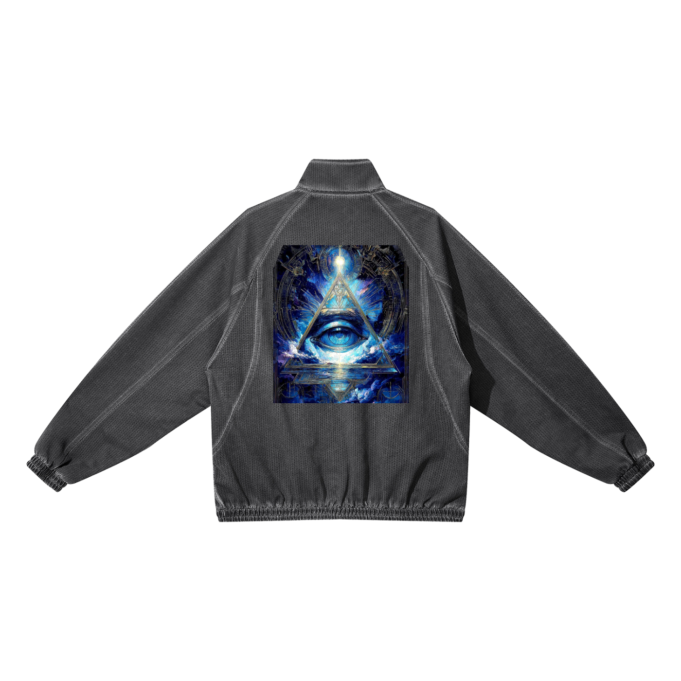 Black jacket with a colorful graphic on the back against a white background