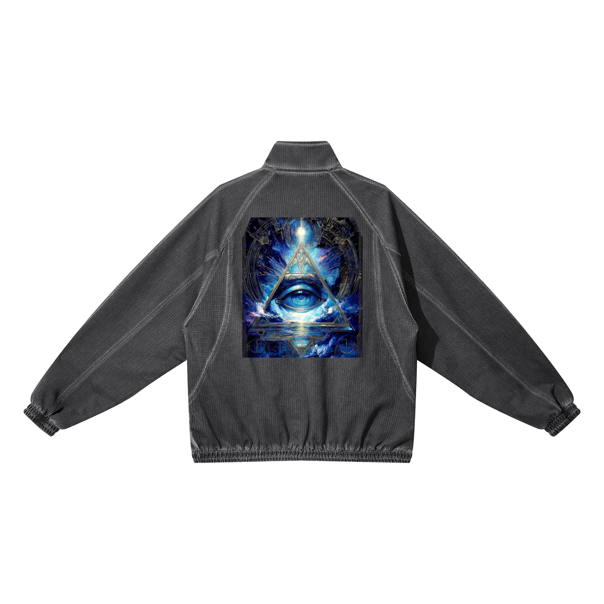 Black jacket with a colorful graphic on the back against a white background