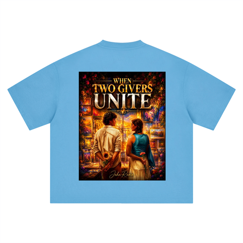 Light blue t-shirt with a graphic of two people holding hands and text 'When Two Givers Unite' on a white background.