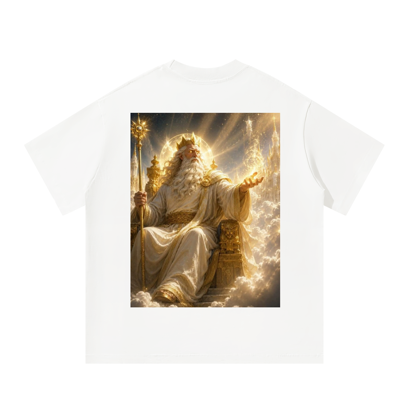 White t-shirt with a graphic of a mystical figure on a white background