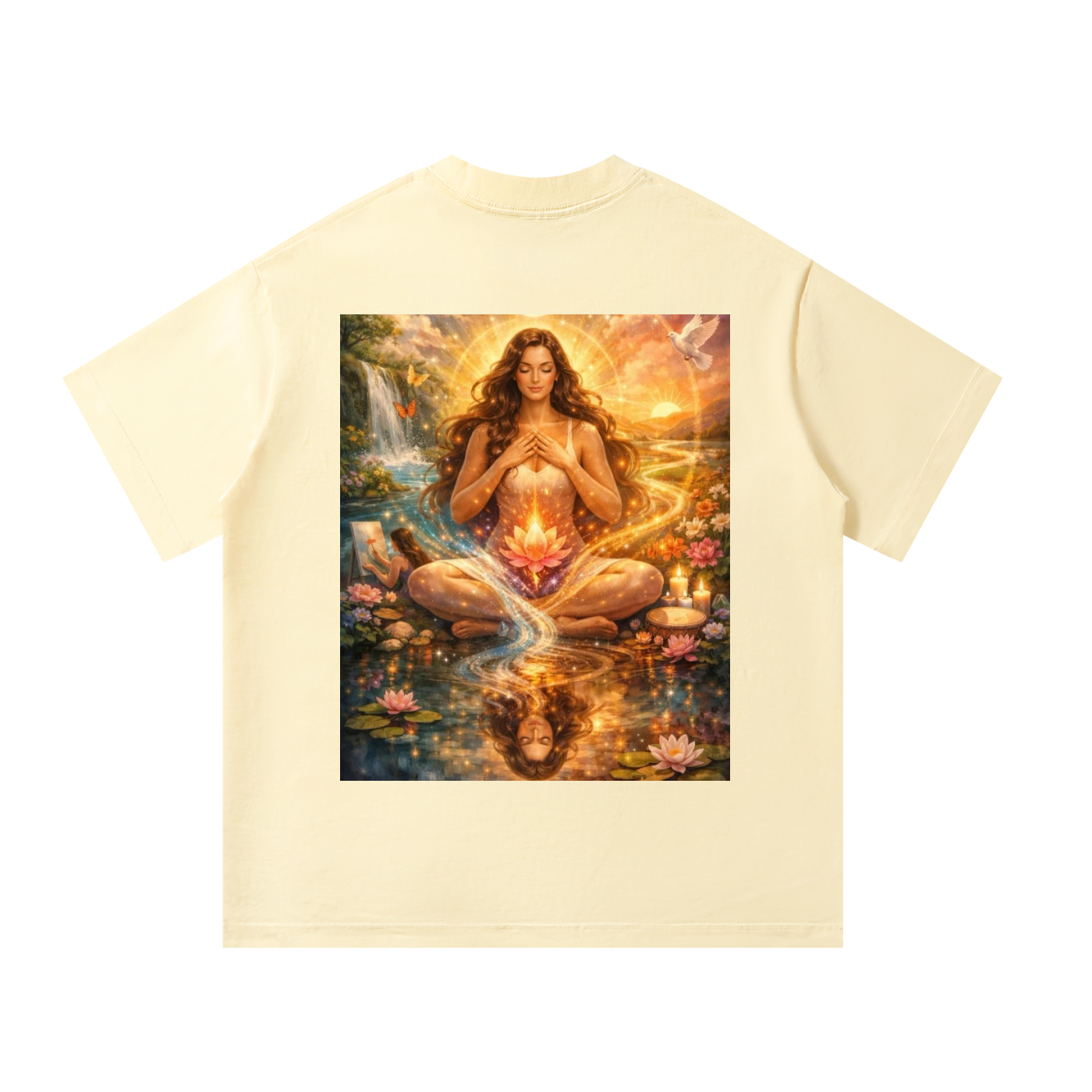 Beige t-shirt with a colorful graphic of a woman in a meditative pose on a white background