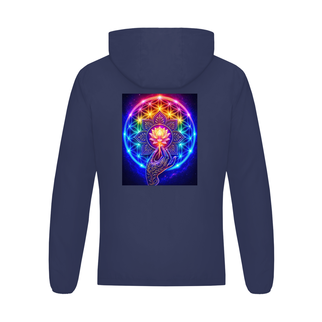 A navy blue hooded sweatshirt shown from the back, featuring a large, vibrant graphic print of a glowing lotus flower and chakra symbol on the center back.