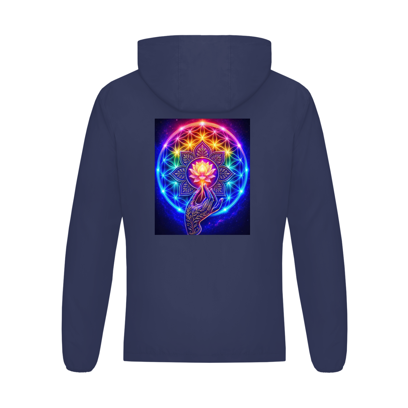 A navy blue hooded sweatshirt shown from the back, featuring a large, vibrant graphic print of a glowing lotus flower and chakra symbol on the center back.