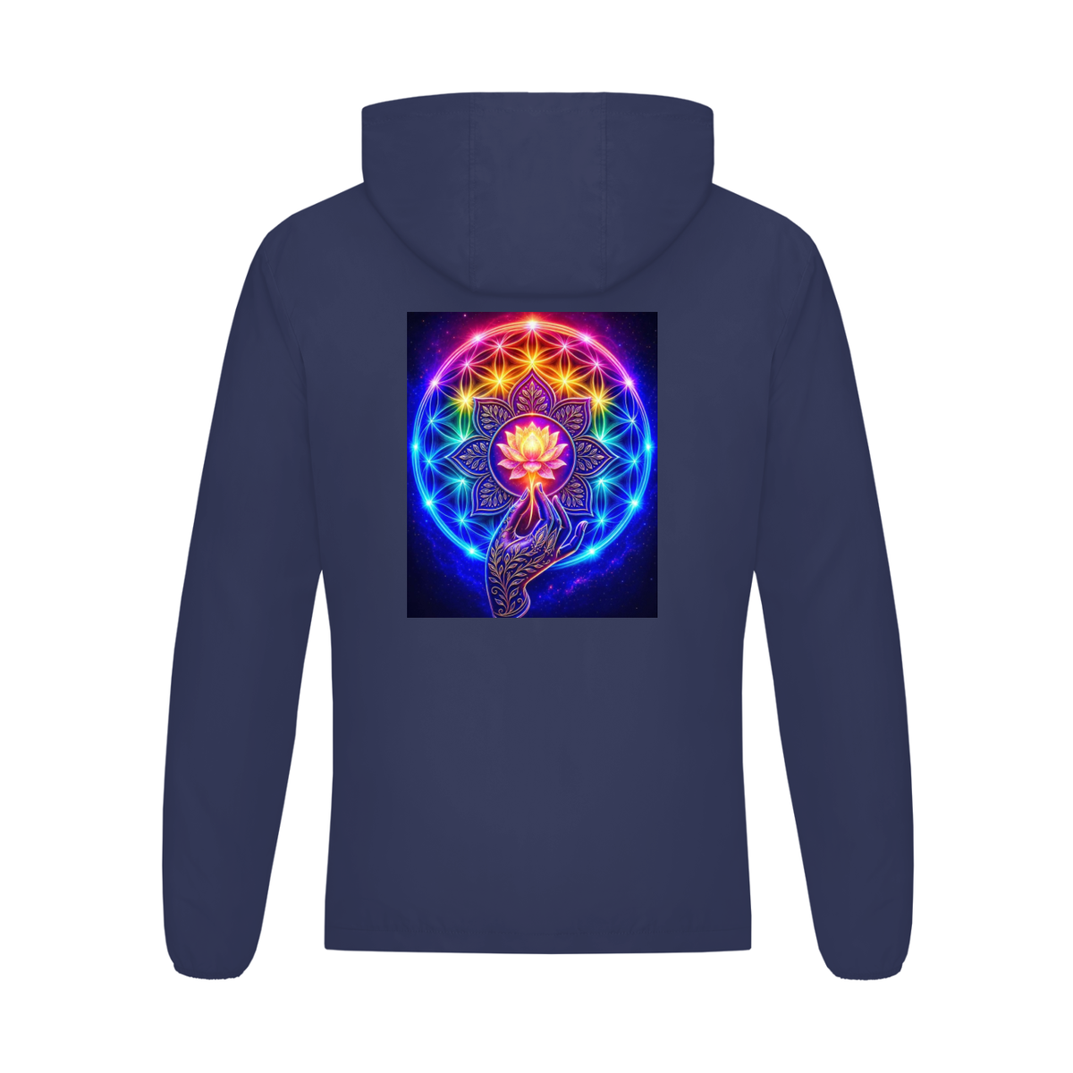 A navy blue hooded sweatshirt shown from the back, featuring a large, vibrant graphic print of a glowing lotus flower and chakra symbol on the center back.