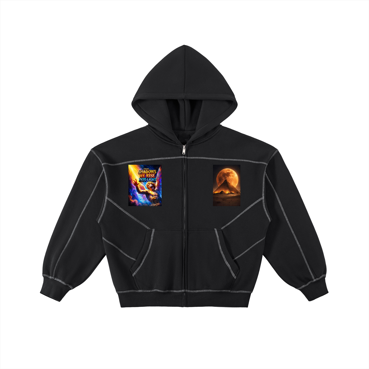 A black zip-up hoodie with white contrast stitching, featuring a colorful graphic print on the left chest and a circular orange graphic on the right chest, displayed on a solid white background.