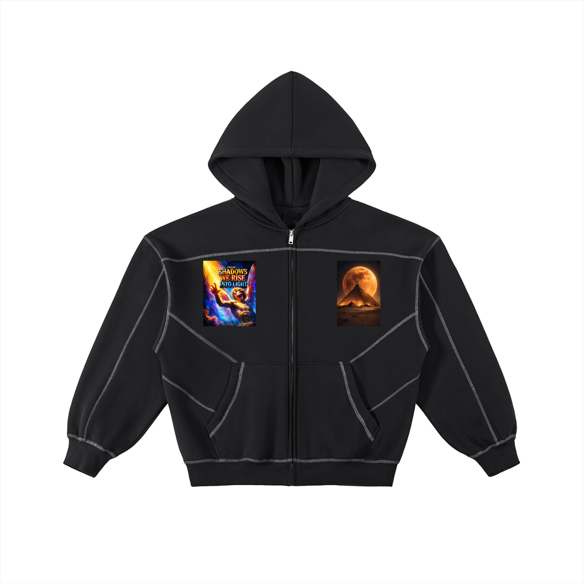 A black zip-up hoodie with white contrast stitching, featuring a colorful graphic print on the left chest and a circular orange graphic on the right chest, displayed on a solid white background.