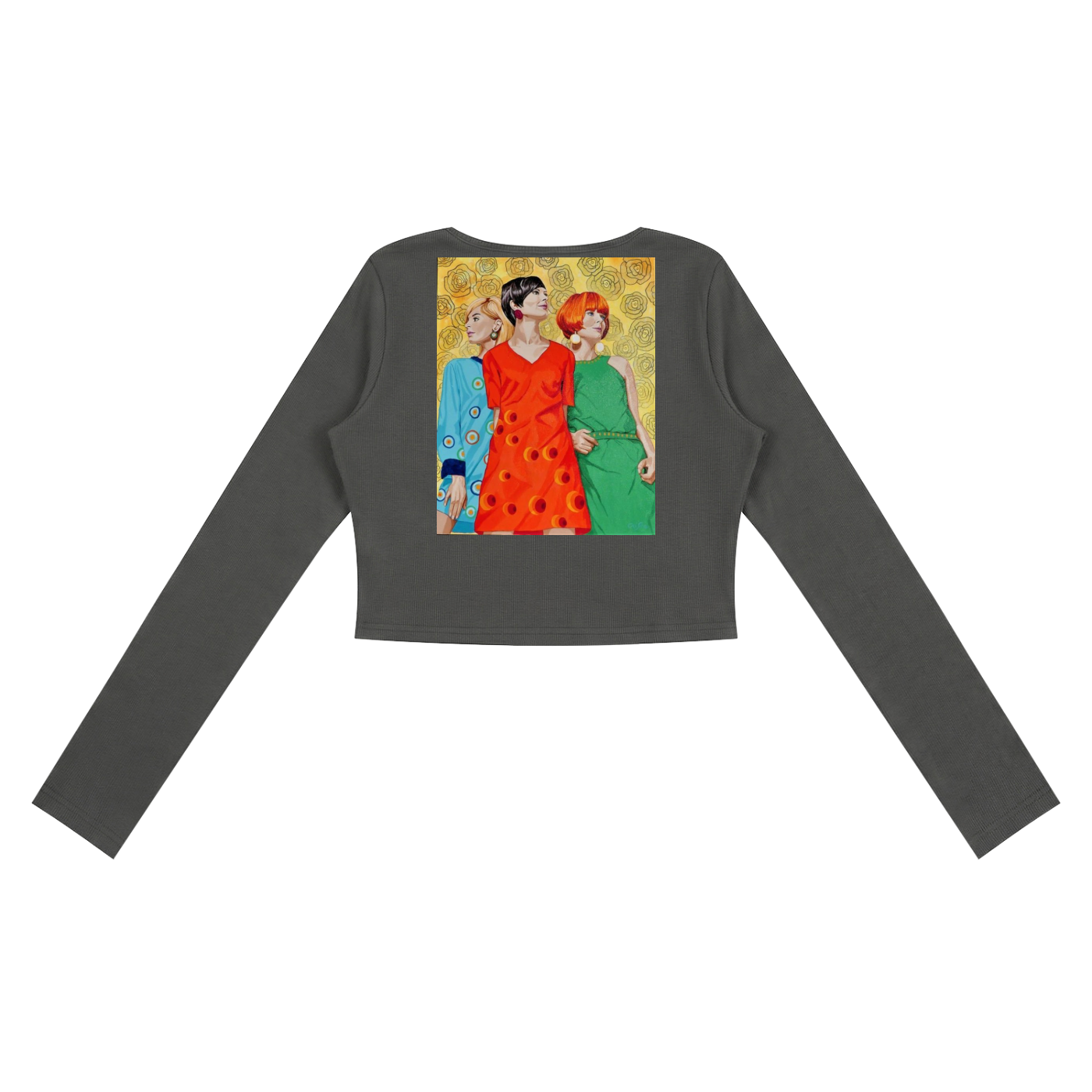 Dark gray long-sleeve top with a graphic of three women on the back, displayed on a white background.