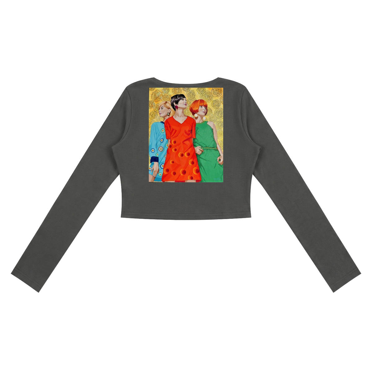 Dark gray long-sleeve top with a graphic of three women on the back, displayed on a white background.
