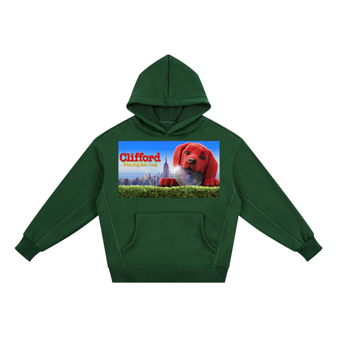 Green hoodie with Clifford the Big Red Dog graphic on a white background