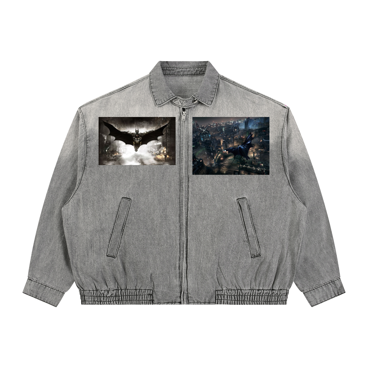 Gray jacket with graphic designs on the front