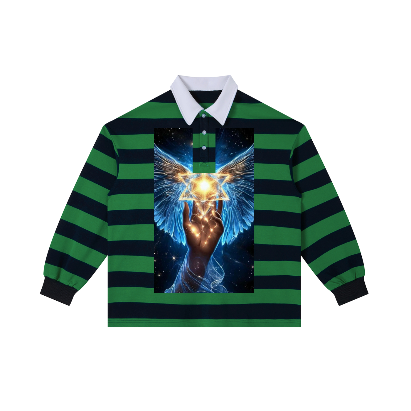 A long-sleeve rugby-style shirt with green and black horizontal stripes, featuring a white collar and a large central graphic print of a winged hand holding a glowing golden triangle symbol against a starry blue background.