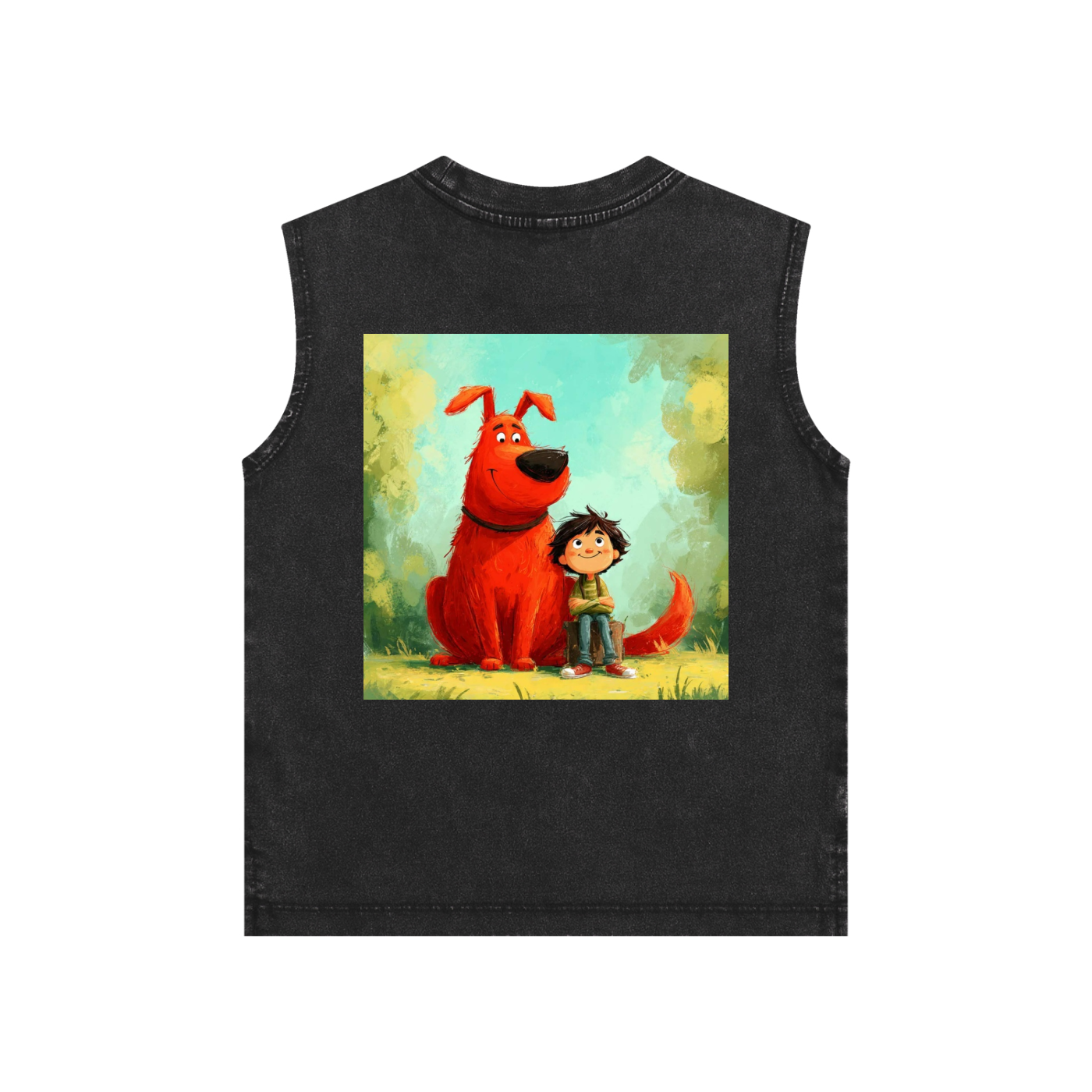 Black sleeveless shirt with a colorful graphic of a red dog and a child on a white background