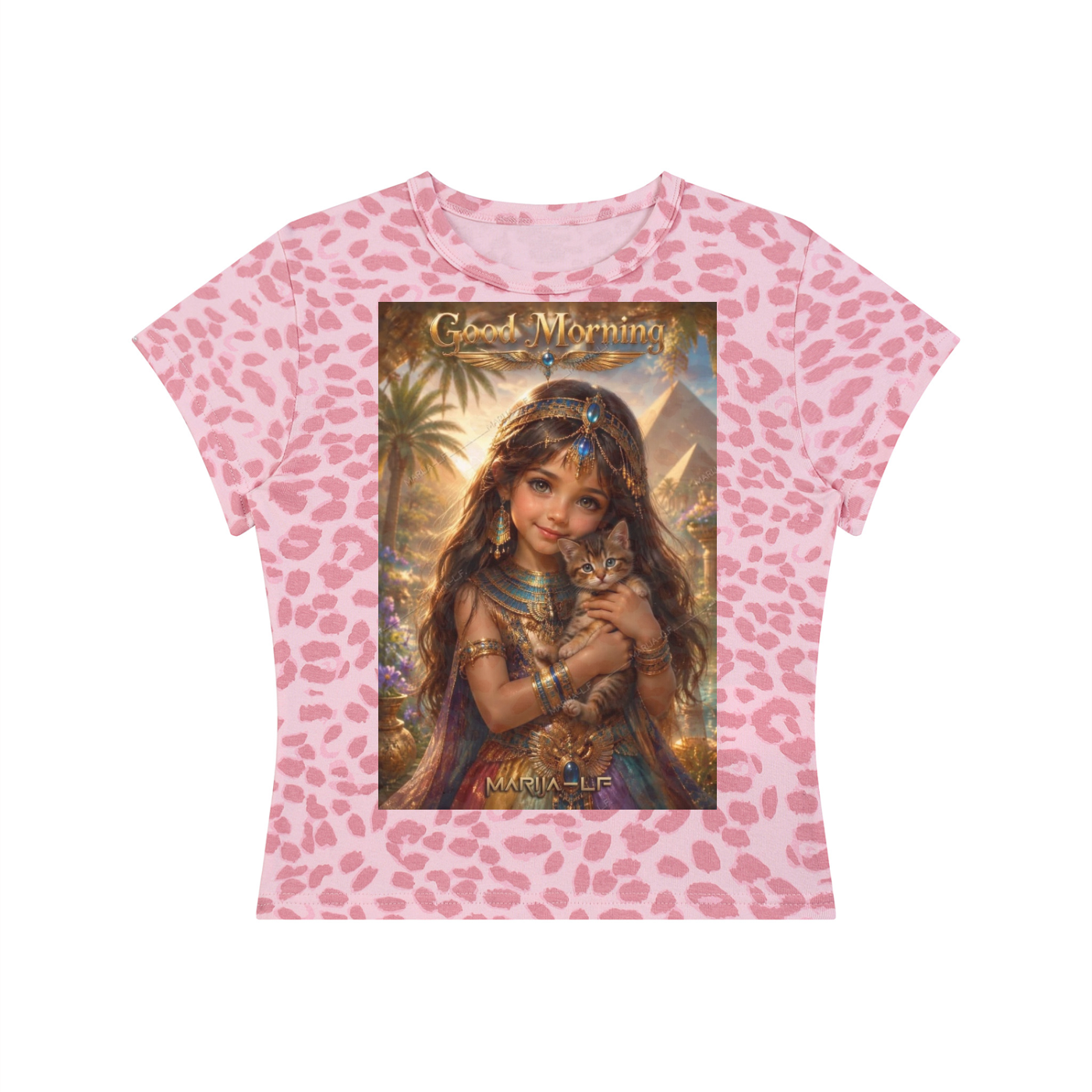 A pink short-sleeve t-shirt with a pink leopard print pattern, featuring a large central graphic print of a woman holding a cat with the text 'Good Morning' and 'Mia - LP'.