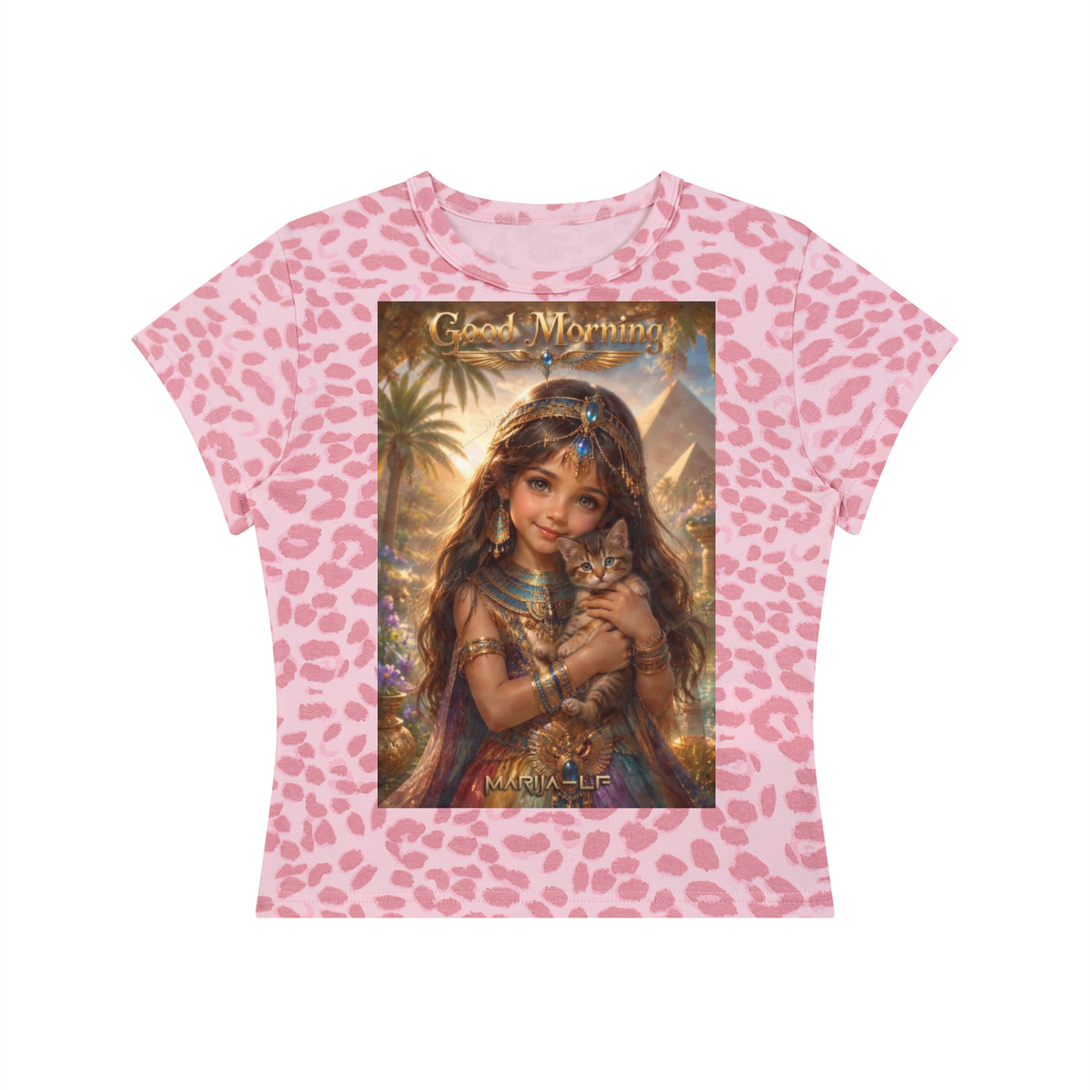 A pink short-sleeve t-shirt with a pink leopard print pattern, featuring a large central graphic print of a woman holding a cat with the text 'Good Morning' and 'Mia - LP'.