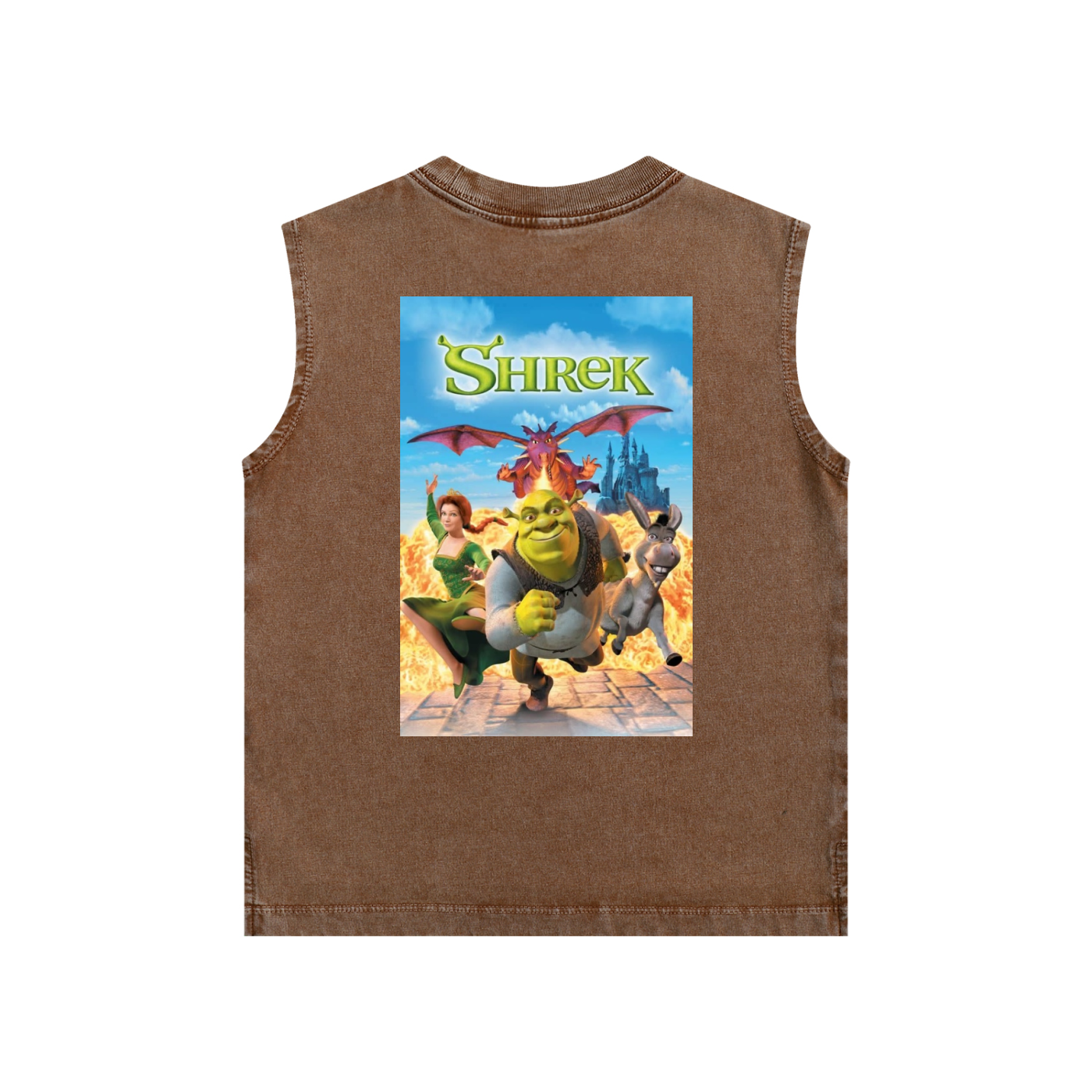 A brown sleeveless tank top featuring a large graphic print of the Shrek movie characters on the front, displayed against a solid white background.