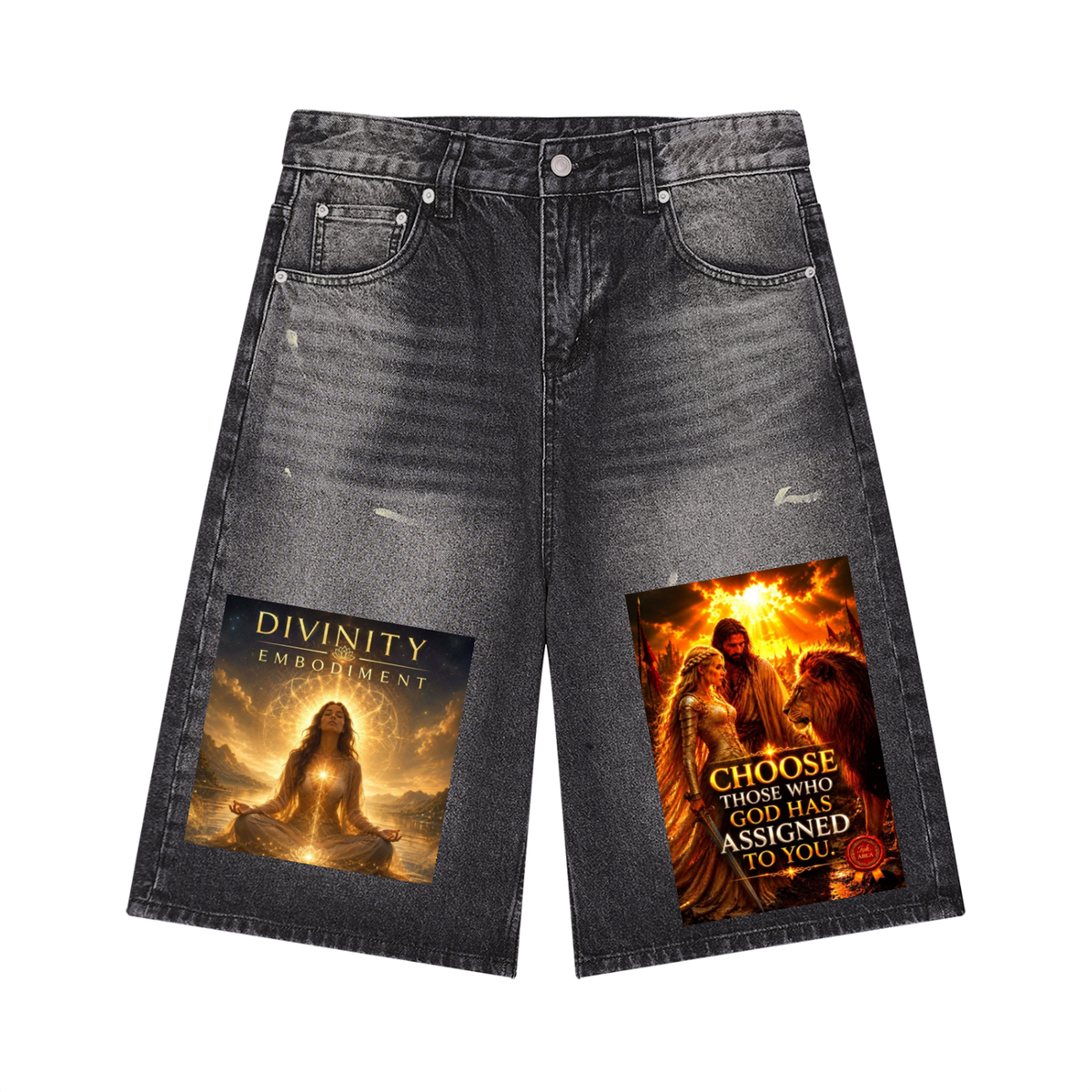 Black denim shorts with graphic designs on a white background