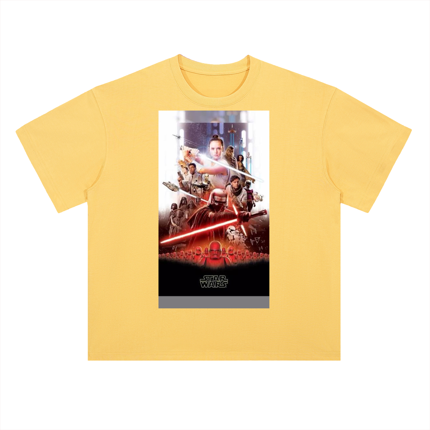 Yellow t-shirt with a Star Wars movie poster design on a white background