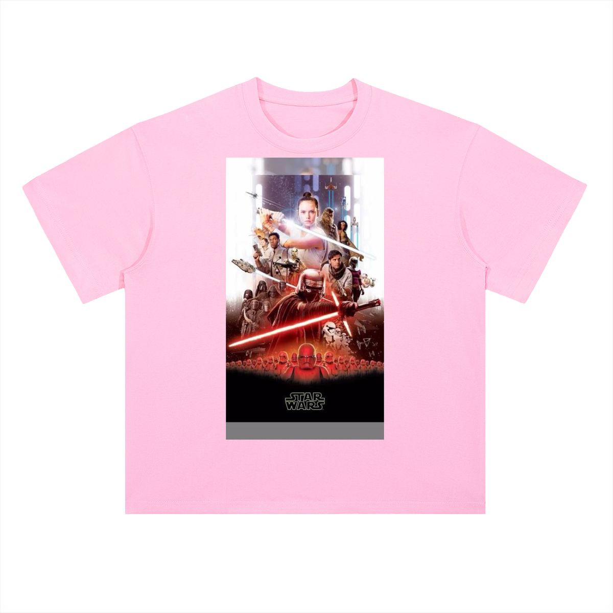 Pink t-shirt with 'Star Wars' graphic design on a white background