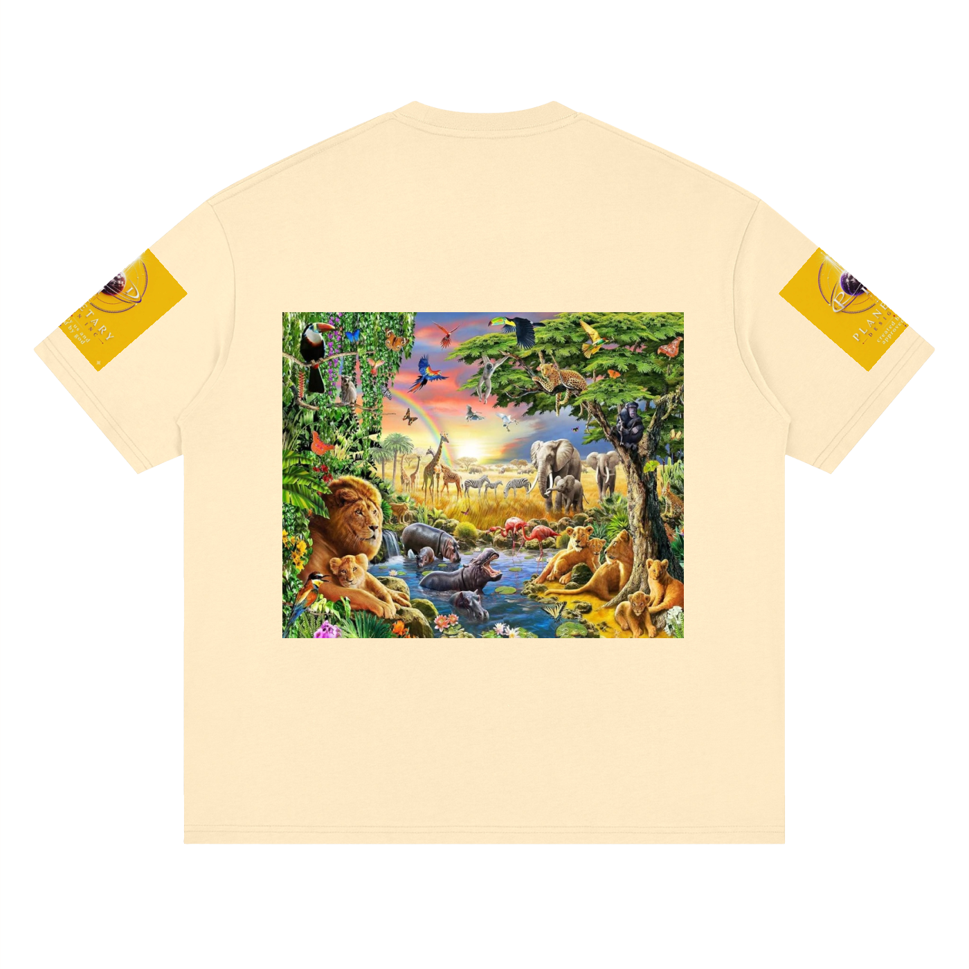 Beige t-shirt with a colorful animal scene printed on the front, on a white background.