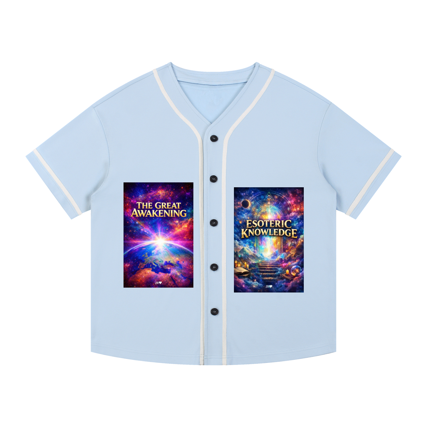 A light blue short-sleeve button-front baseball-style shirt with white piping trim and two large colorful cosmic graphic prints on the chest, shown on a plain white background.