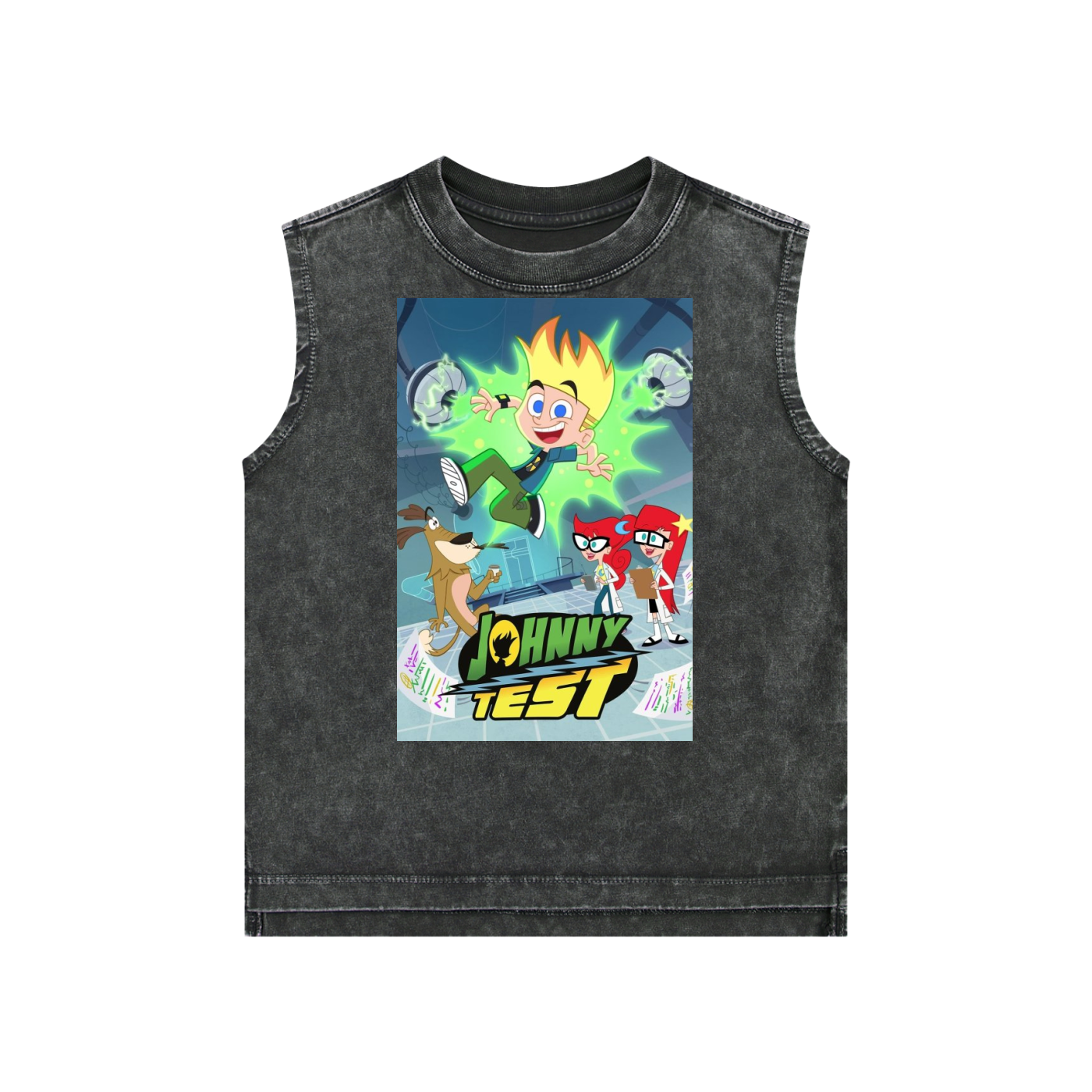 A sleeveless black washed tank top featuring a colorful graphic print of the cartoon 'Johnny Test' on the front, displayed against a solid white background.