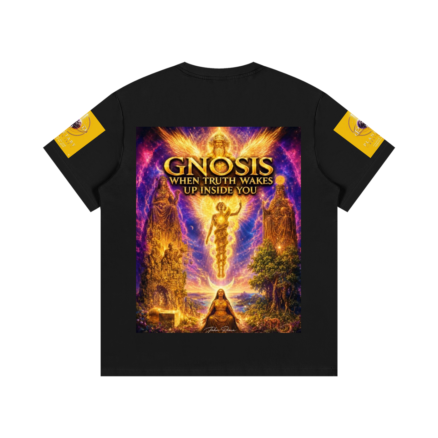 Black t-shirt with a colorful graphic design on the back featuring the text 'Gnosis' and 'When Truth Wakes Up Inside You'.
