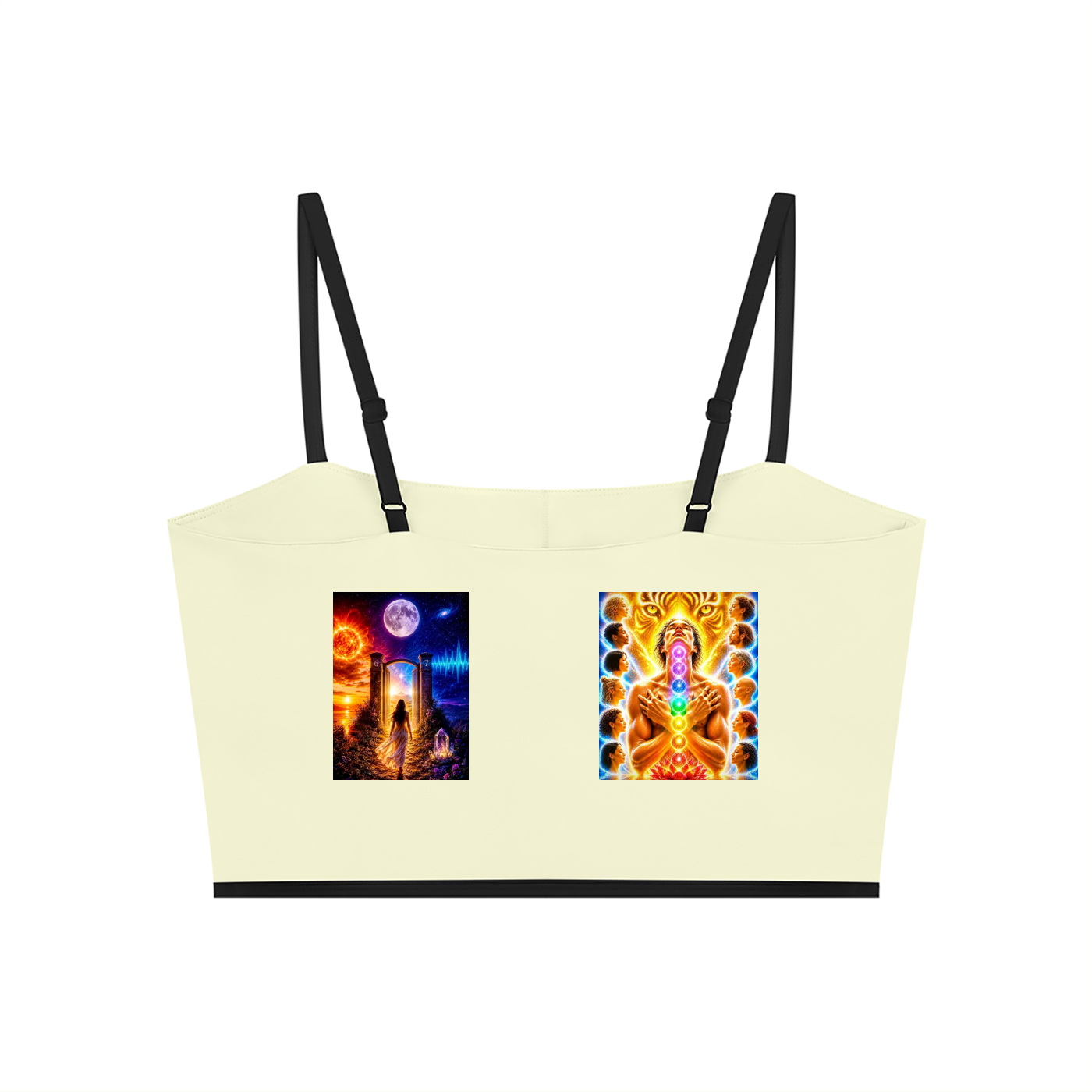 A cream-colored bandeau-style top with black shoulder straps and two square graphic prints on the front, displayed against a solid white background.