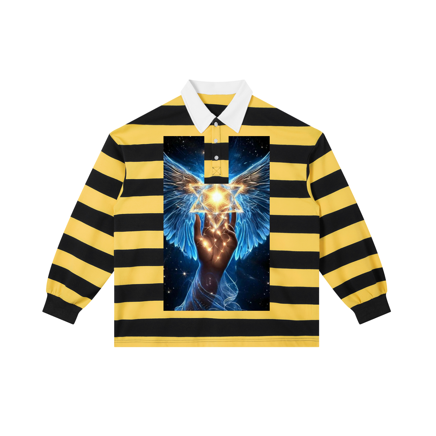 A long-sleeve rugby-style shirt with bold yellow and black horizontal stripes, featuring a white collar and a large central graphic print of a winged hand holding a glowing golden triangle symbol against a dark blue starry background.