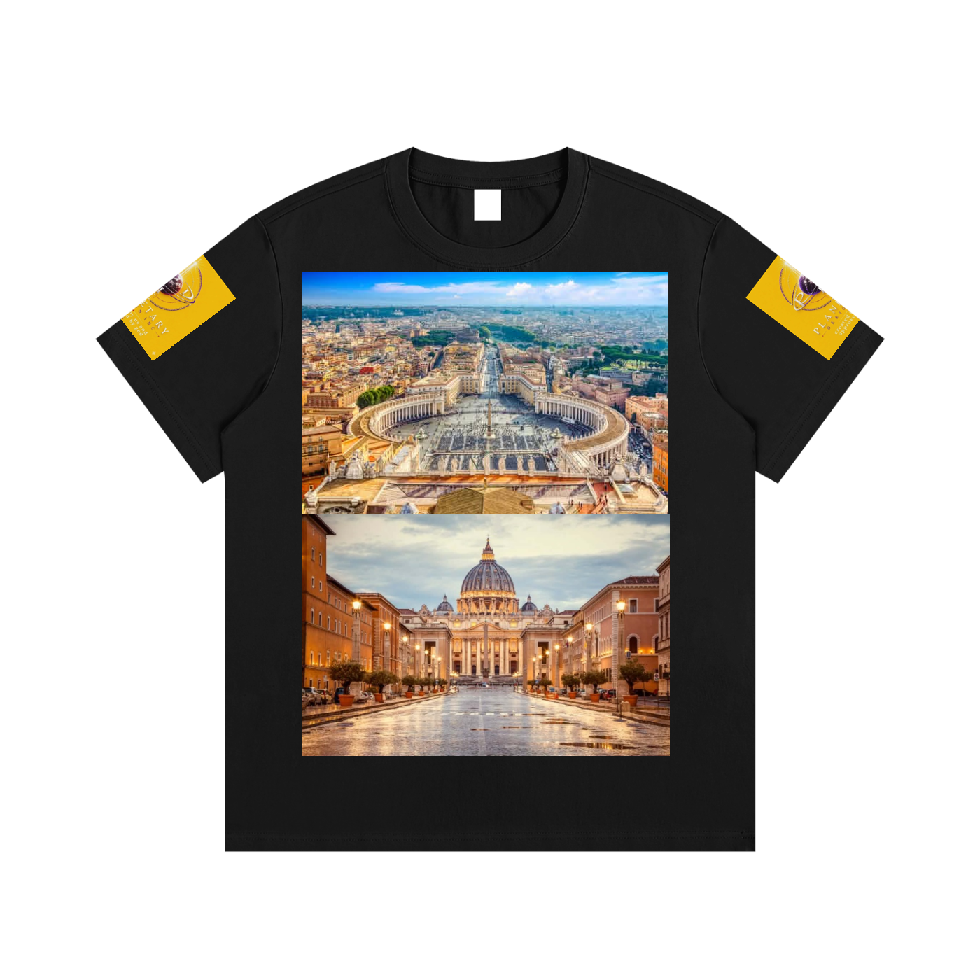 Black t-shirt with two images of St. Peter's Basilica on the front and yellow sleeves.