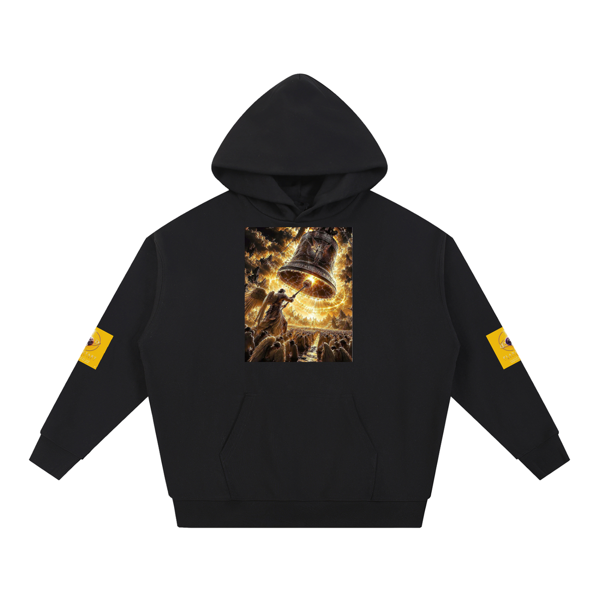 A black pullover hoodie with a large graphic print on the chest depicting a glowing bell and a figure, plus small yellow graphic patches on both sleeves, shown against a plain white background.