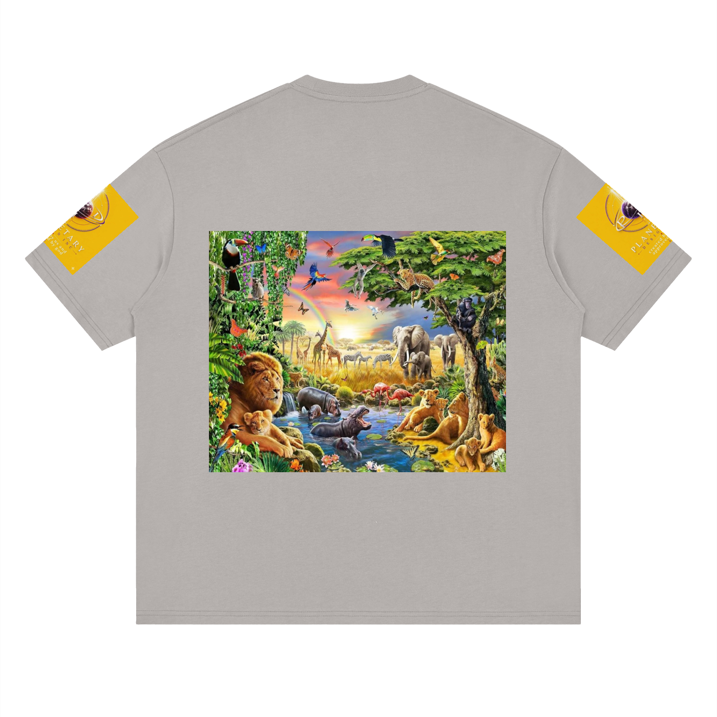 Gray t-shirt with a colorful jungle scene print on a white background