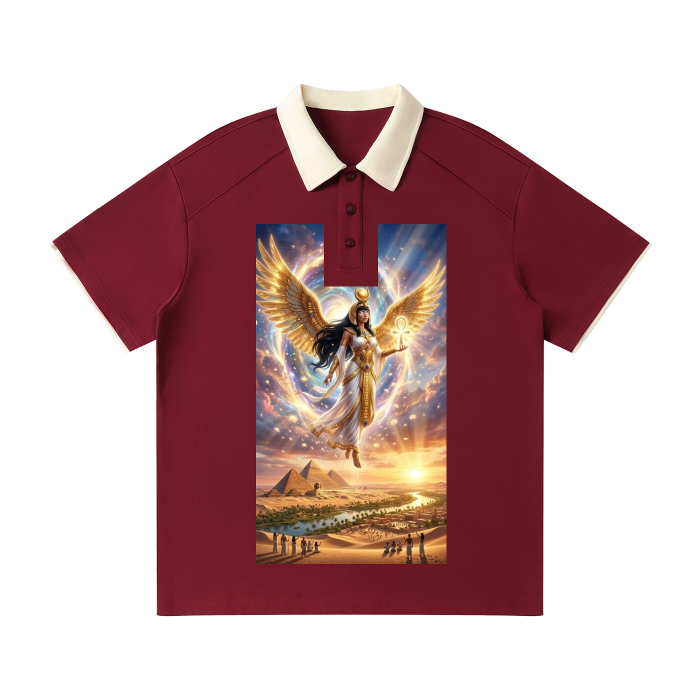 A short-sleeve polo shirt in maroon with a cream-colored collar, featuring a large rectangular graphic print on the front depicting an angel with golden wings over a desert landscape with pyramids and a river.