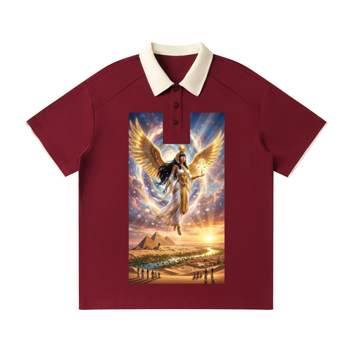 A short-sleeve polo shirt in maroon with a cream-colored collar, featuring a large rectangular graphic print on the front depicting an angel with golden wings over a desert landscape with pyramids and a river.