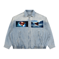 Denim jacket with Superman logo and character on a white background
